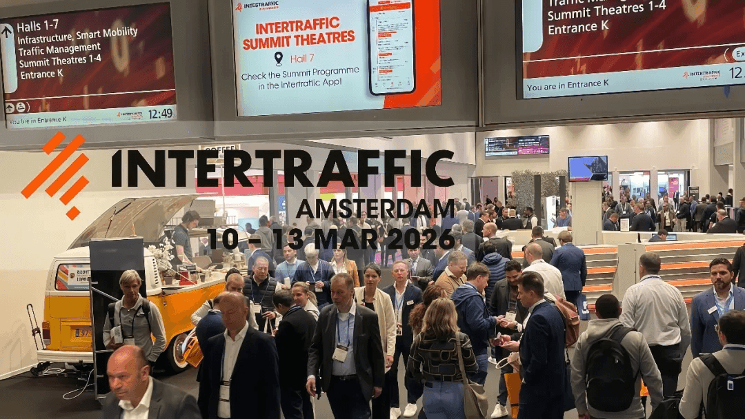Crowded Intertraffic Amsterdam exhibition floor with event dates 10-13 March 2026 visible.